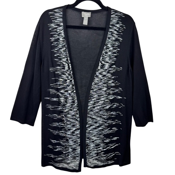 Chico's Sweaters - Chicos Travelers Cardigan Womens 2 Large Black White Abstract Open Front